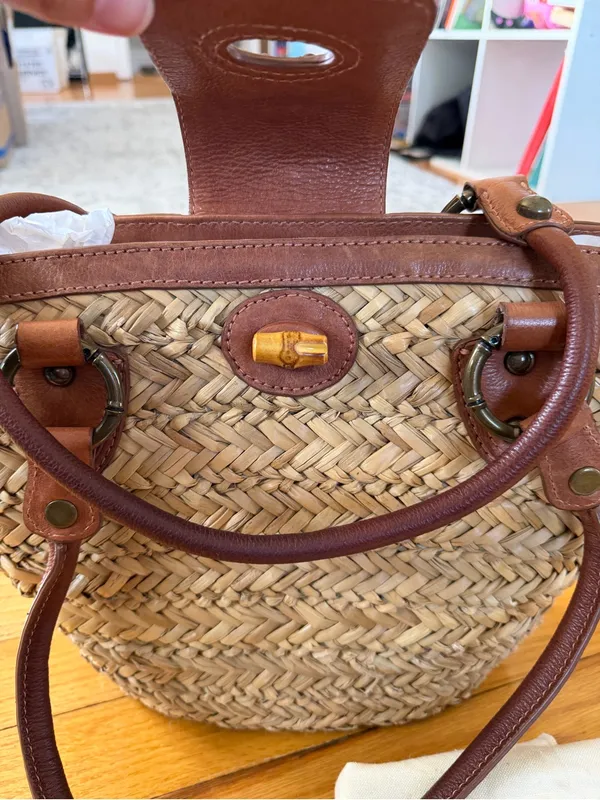 Tommy Bahama Natural Straw Tote with Brown Leather Trim and Beaded Accent - Image 3