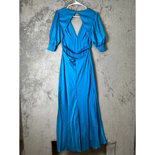 Petal + Pup Satin Maxi Dress Blue Open Back Puff Sleeve Formal Wedding‎ Med New - Image 3