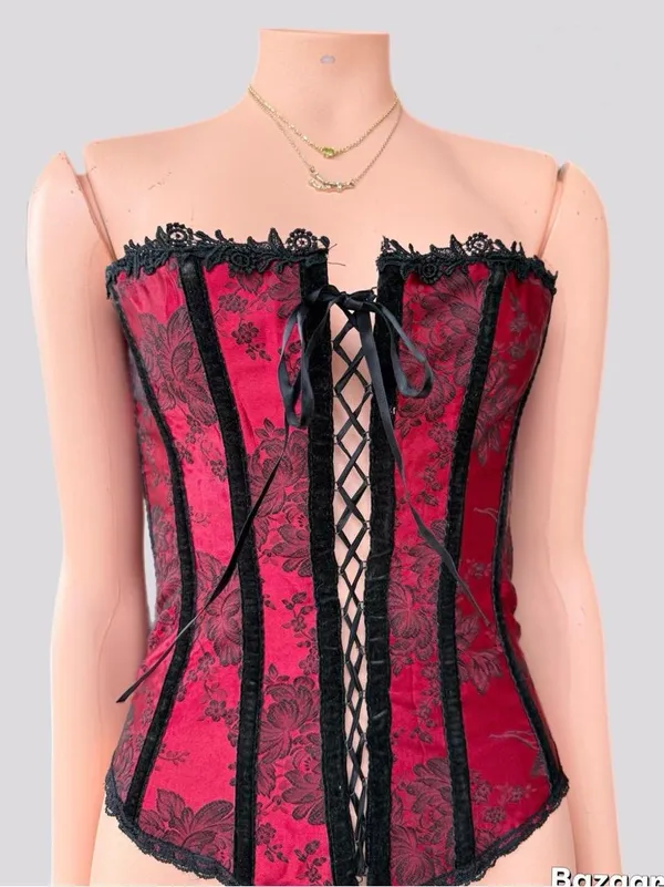 Y2K Red Black American Vintage Floral Corset - Image 3