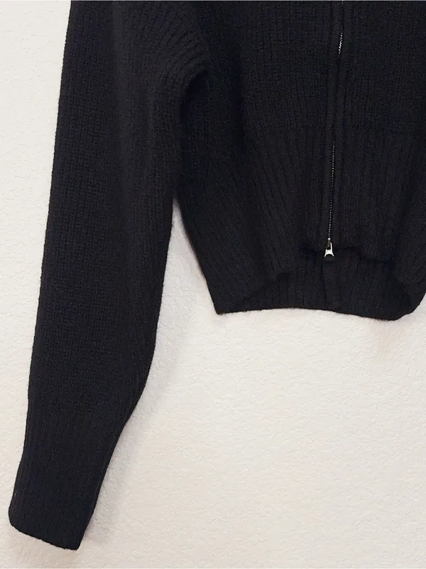 Zenana Black Ribbed Knit Two Way Zip Up Sweater Jacket Oversized Collar Cardigan - Image 7