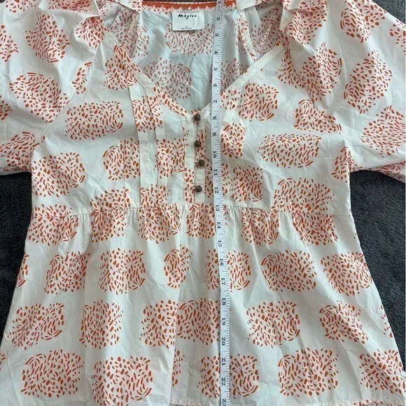 Anthropologie Moglea Orange White Abstract Print‎ Puff Sleeve Babydoll Top XS - Image 9