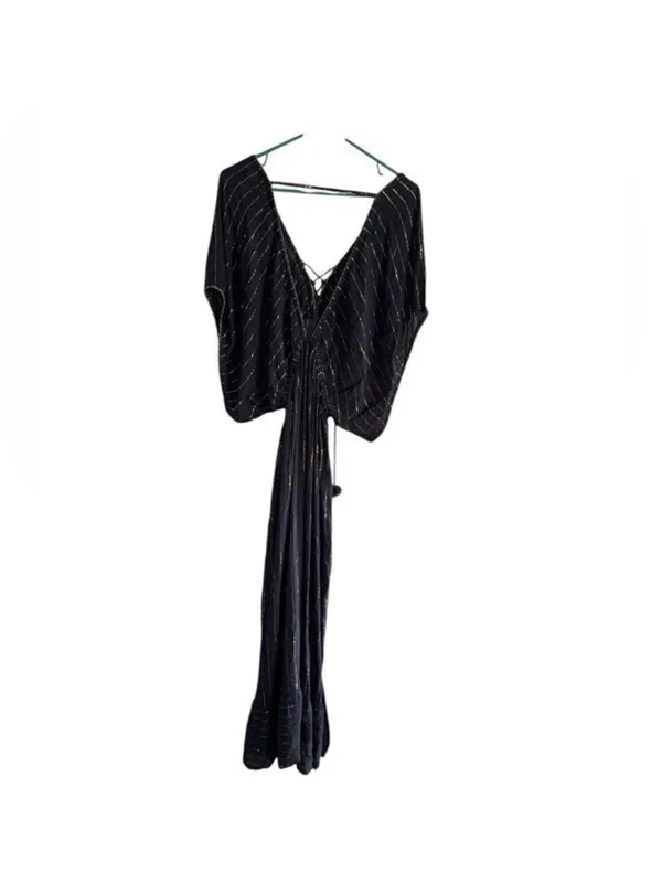 Black Maxi Dress with Gold Metallic Stripe and Side Slit - Image 9