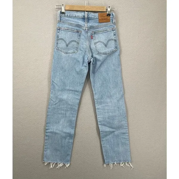 Levis Jeans Womens 24 Light Blue Wedgie Straight Distressed Button Fly Raw Hem - Image 15
