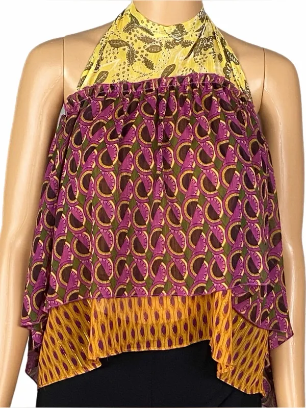 ZARA NWT Printed Flowy Halter Top Boho Metallic Layered Open Back Size XL - Image 2