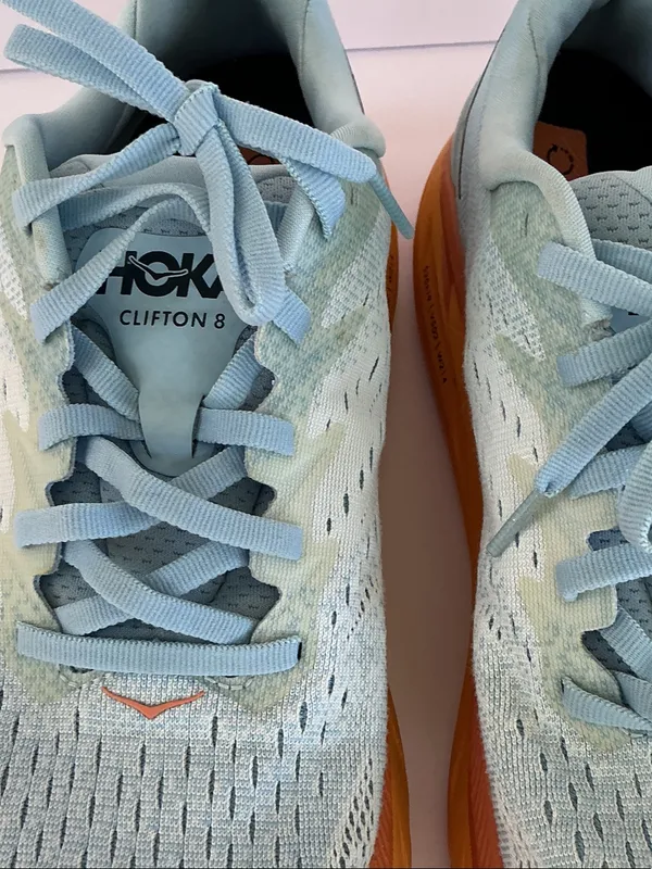 Hoka Clifton 8 Women's Mint Blue Running Shoes with Orange Midsole - Image 7