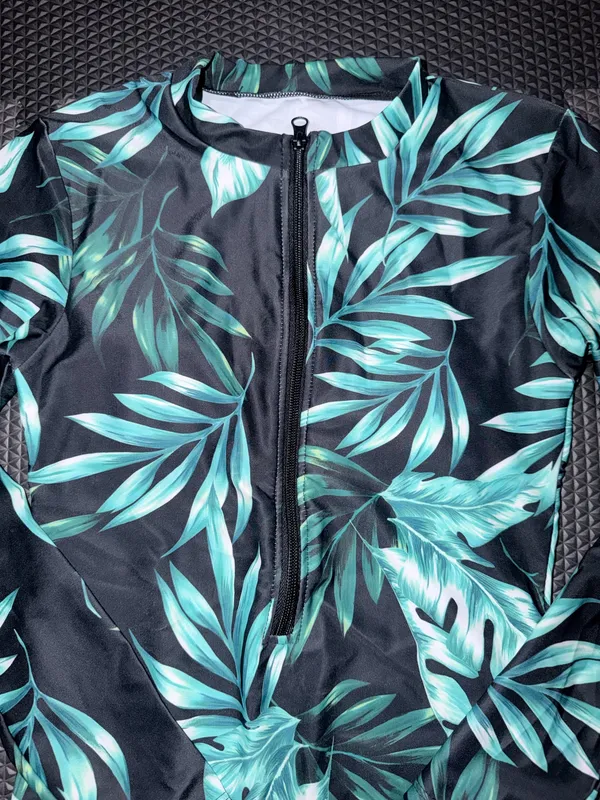 SHEIN Black One-Piece Rash Guard Swimsuit with Green Tropical Leaf Print - Image 5