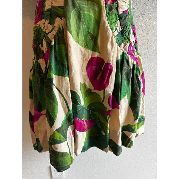 FARM Rio Sand Anthurium Leaves Puff Sleeve Mini Dress XS Summer Boho Ljnen - Image 12