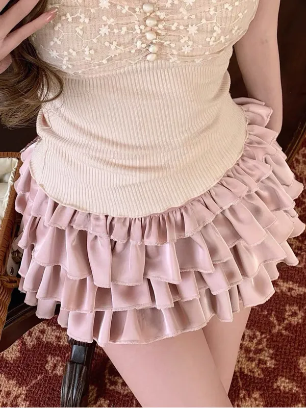 Japanese Kawaii Y2K Cottagecore Silky Dusty Pink Layered Ruffle Mini Skirt Skort - Image 5