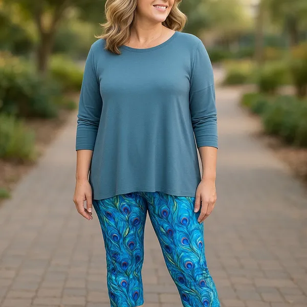 LuLaRoe Jade Peacock Feather Capri Leggings XS Blue Athletic Yoga Pants‎ NWT - Image 3