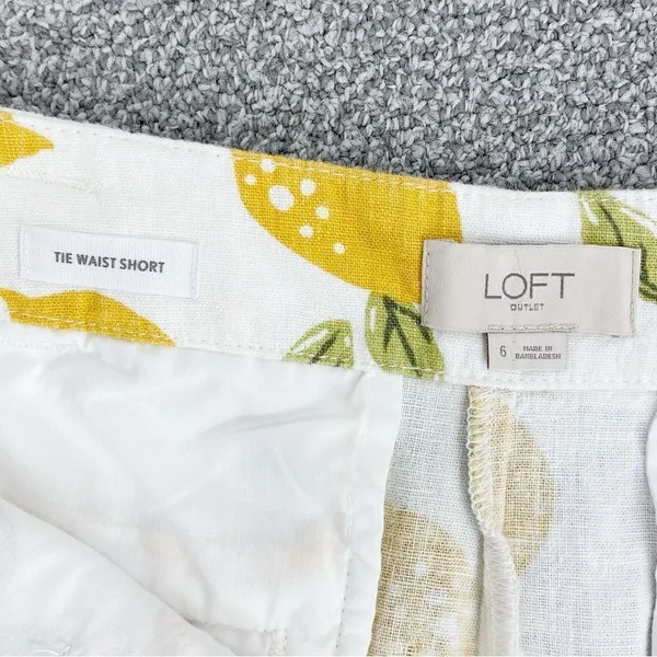 Loft Tie Waist Linen Blend Lemons Print Chino Shorts Ivory Yellow 6 Cuffed‎ - Image 6