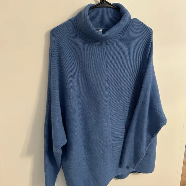 Women's Blue Ribbed Knit Poncho Sweater Cowl Neck Oversized Dolman Sleeve XS‎ - Image 2