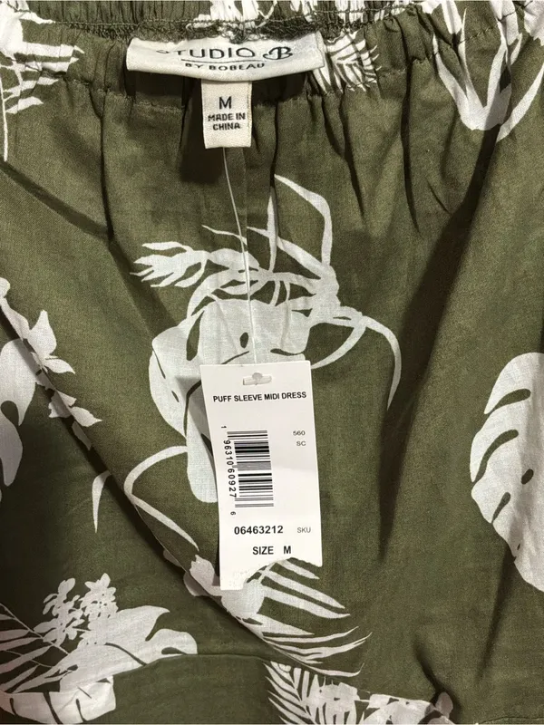 #63 NWT Studio B By Bobeau Olive Green Floral Tropical Print Midi Dress Size M - Image 5