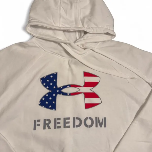 Mens Athletic Hoodie ✦ Open To All Offers ✦ Bundle Measurements: Used Excellent Quality. Men's UA American Flag Freedom Durable Hoodie Size XL Loose White ——— TAGS ——— #Sweater #Hoodie #UA #Fall #Athletic - Image 2