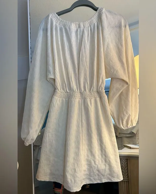 NEW Boho Puff Long Sleeve Flowy V Neck Smocked Lined Dress S - Image 2