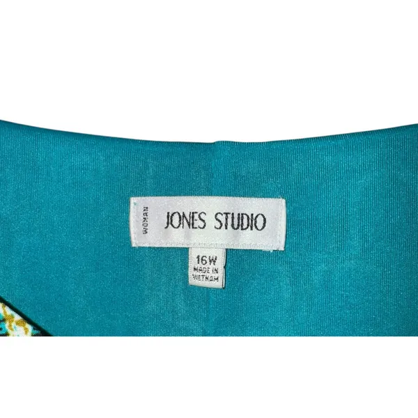 Jones Studio Green V-Neck Gathered‎ Front Geometric Midi Dress Womens 16W Retro - Image 3