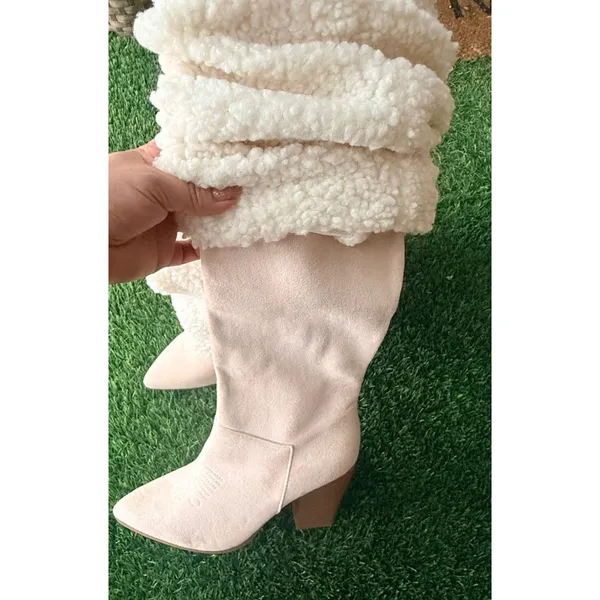 Women's US 9, Sherpa Fold Over Boots Knee High Cowboy Boots Chunky High - Image 2