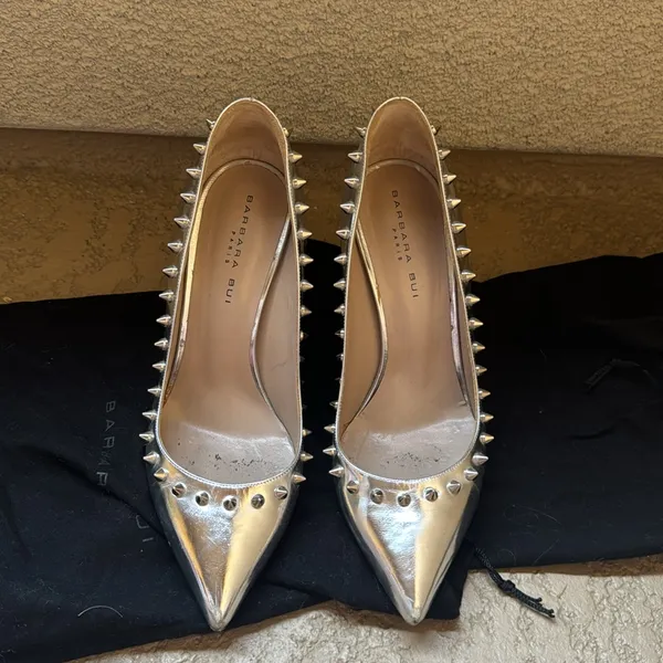 Barbara Bui Paris Spiked Studded Silver Stilletto Heels Size 7 - Image 3