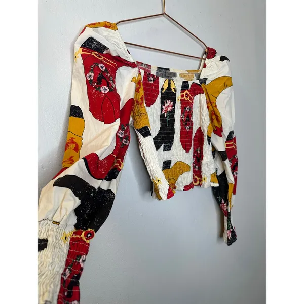 Boutique Black Red Cowboy Boots Square Neck Smocked Top size Small - Image 12