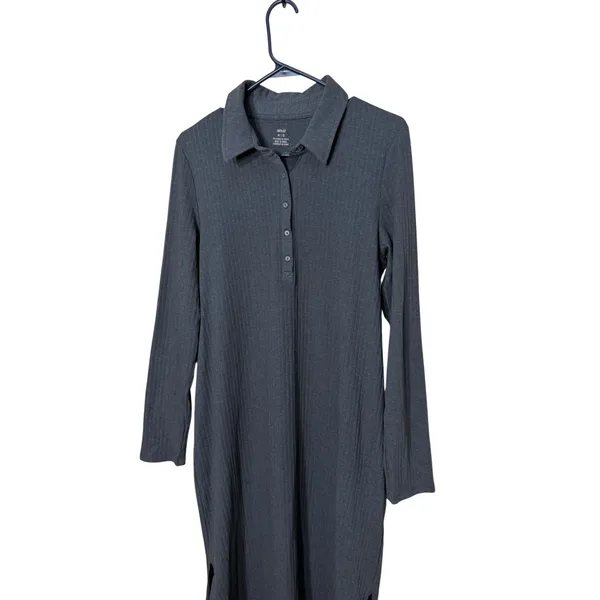 Aerie Womens Charcoal Grey Ribbed Henley Maxi Dress Long Sleeve Side Slit XL - Image 2