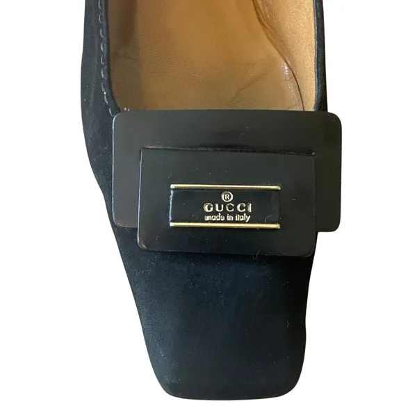 Vintage Gucci‎ Black Suede Square Toe Kitten Heels Logo 36 - Image 14