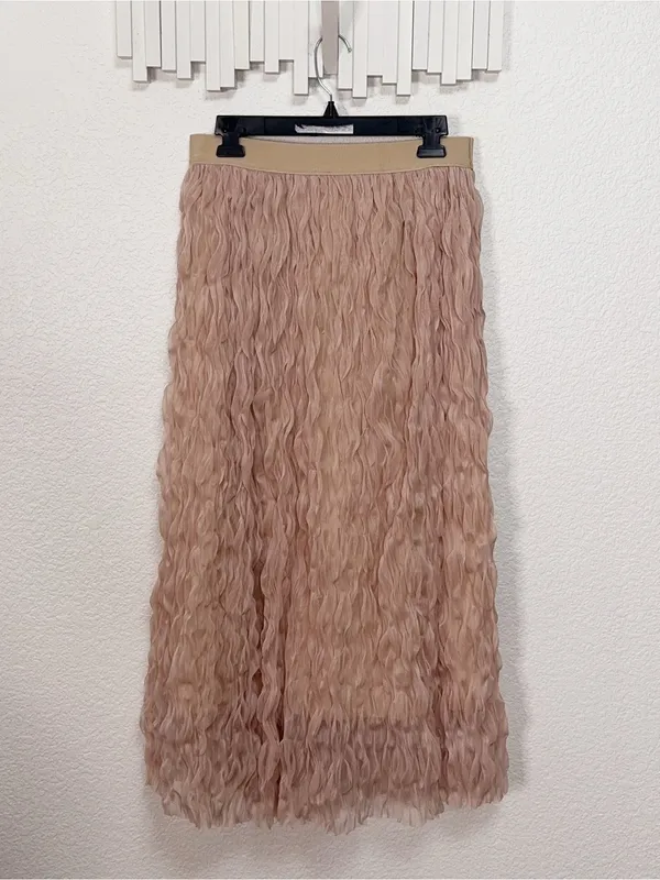 Miss Sparkling Nude Textured Fringe Elastic Waist Maxi Skirt - Image 6