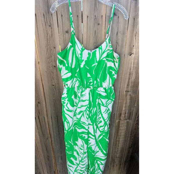 Lilly Pulitzer 20th Anniversary Green and White Tropical Print Satin Jumpsuit Lg - Image 3