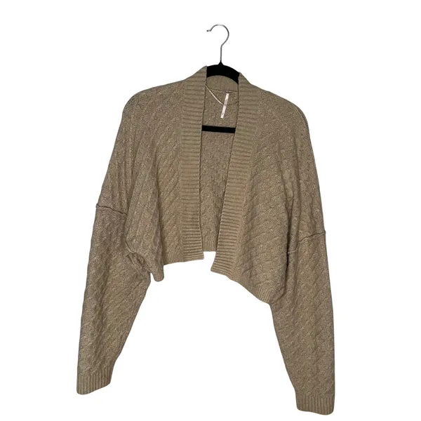 Free People Cable Knit Cardigan‎ Womens Medium Tan Excellent Cropped Open Front - Image 2