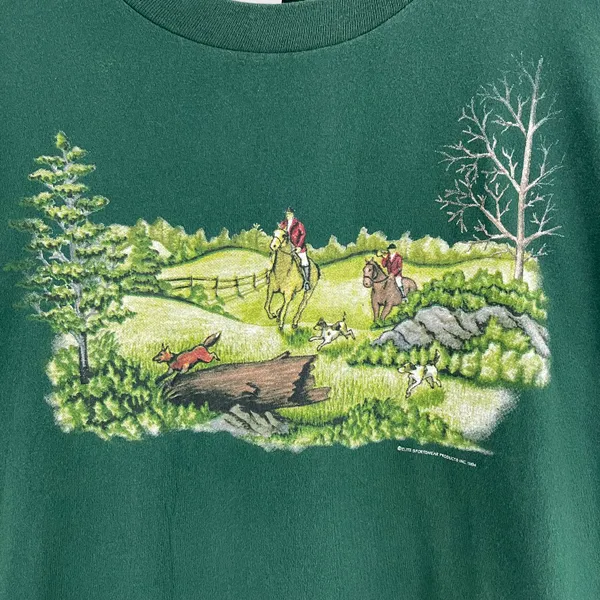 Vintage 1994 Dark Green Fox Hunt Sport Single Stitch Short Sleeve Graphic Tee - Image 4