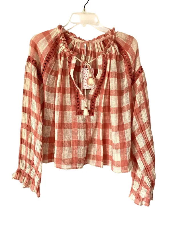 Free People NWTs Honey Grove Plaid Boho Embroidered Blouse size small Rust Cream - Image 2