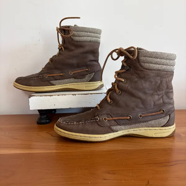 Sperry Top-Sider Brown Leather Canvas Plaid Lined Mid Calf Boots Size 7M - Image 2