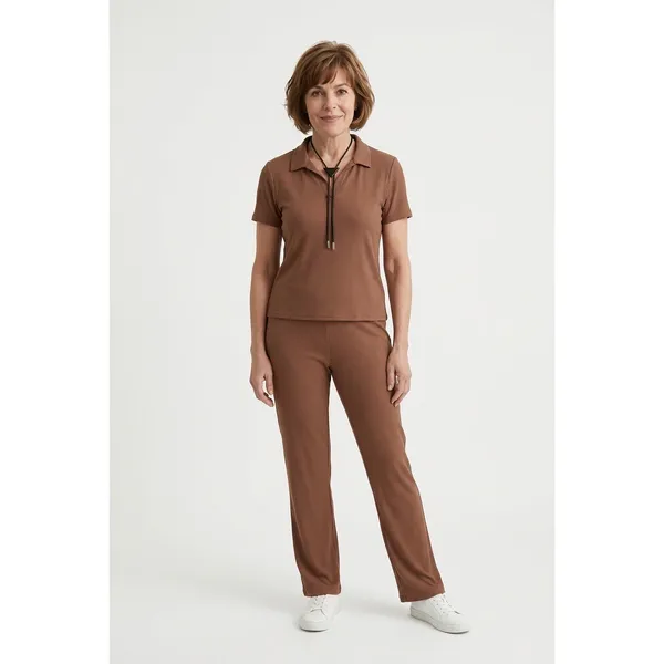 Muk‎ Luks Womens Brown Ribbed Knit Lounge Set Polo Top and Pants Small A685249 - Image 9