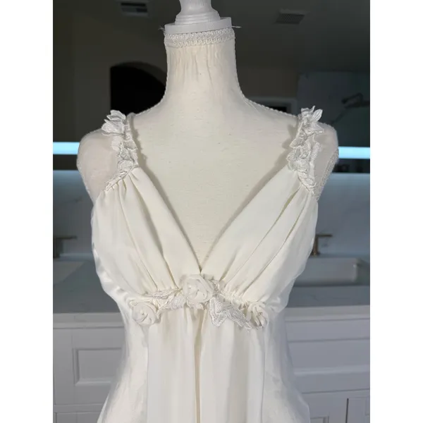 Flora Nikrooz Slip Dress Womens Small Ivory Satin Floral Strap Chemise - Image 15