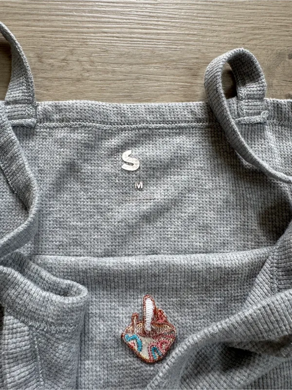 Gray Ribbed V-Neck Camisole Tank Top Mushroom Embroidery Boho Indie Y2K style - Image 2
