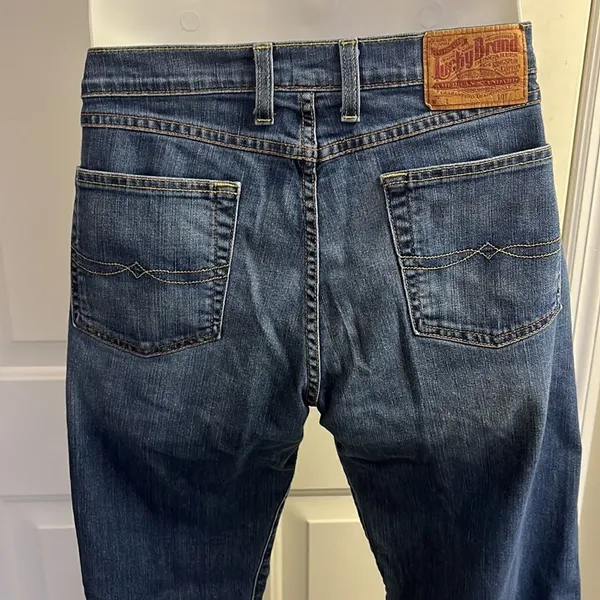 Lucky Brand Medium Blue Distressed 5- Pocket Mid-Rise Flare Jeans-Size 32/14 - Image 9
