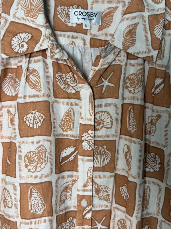 Crosby by Mollie Burch Linen Coastal Neutral Seashell Print Shirt Dress M - Image 7
