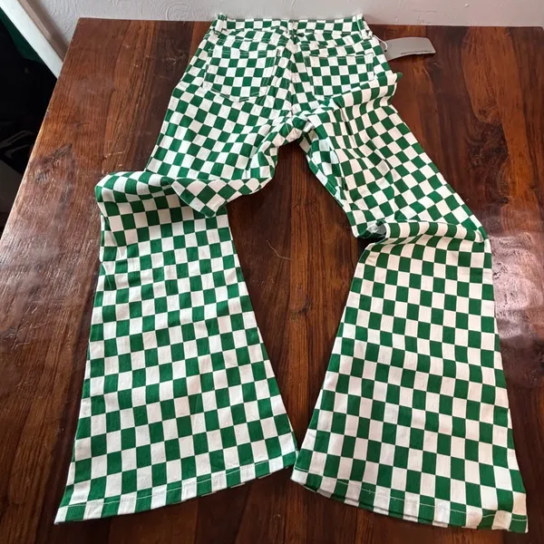 Fashion Green White Checkered Flare Jeans High Waisted Wide Leg Size 2 NEW - Image 3