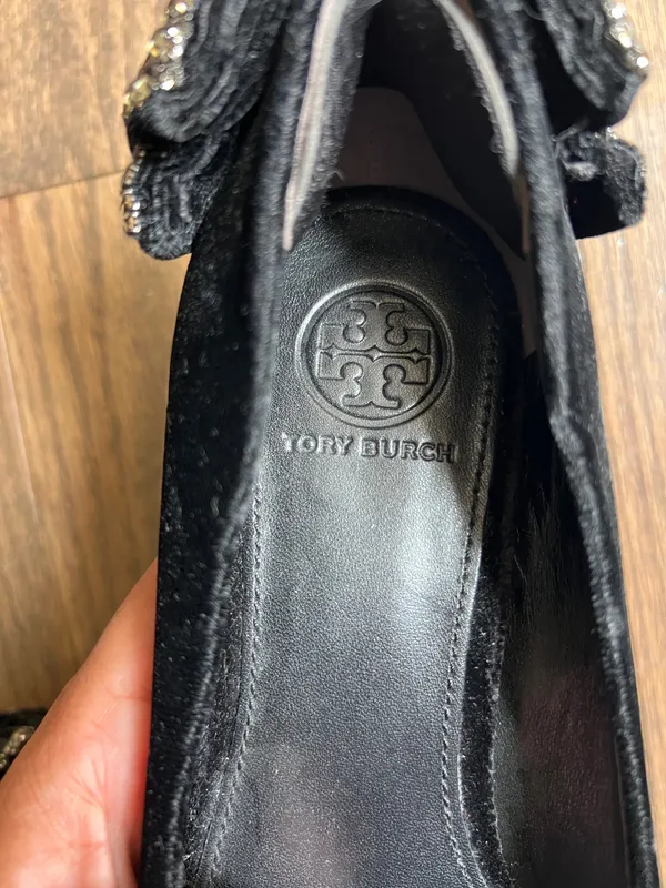 Tory Burch Josephine Black Velvet Block Heel Pumps with Crystal Bow size 6.5 - Image 7