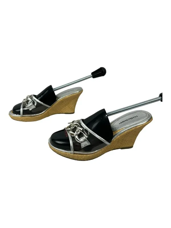 Delicious Womens Black & Silver Wedge Heels Size 7.5 Chain Detail Espadrille - Image 2