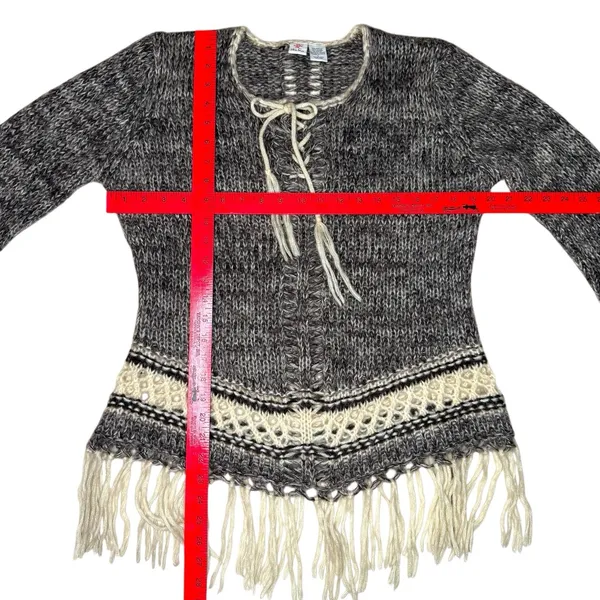 Folk Mohair‎ Blend Fringe Sweater L Boho Lace Up Knit Large Earthy Tribal Boho - Image 6