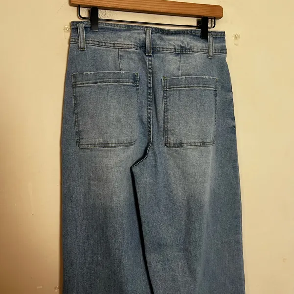 OAT NEW YORK- High Rise Wide Leg Jeans Blue Denim Powder Light Wash Raw Fray Hem - Image 7