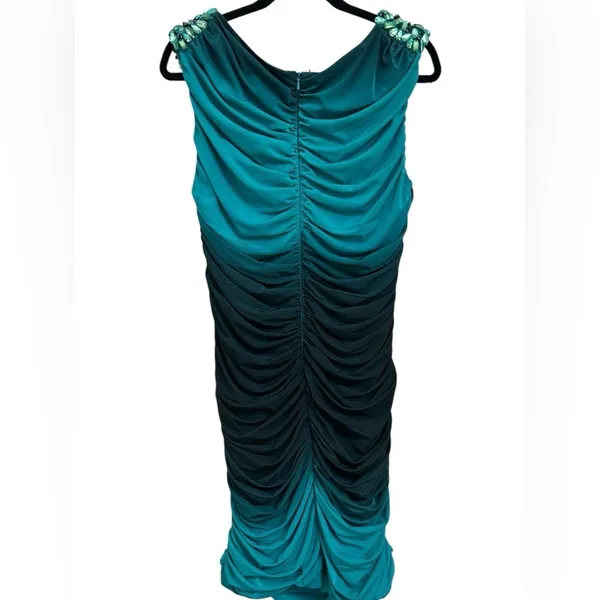 NWT‎ Cocktail Bodycon Embellished Bead Ombre Teal Blue Ruched Zip Mini Dress 12 - Image 3