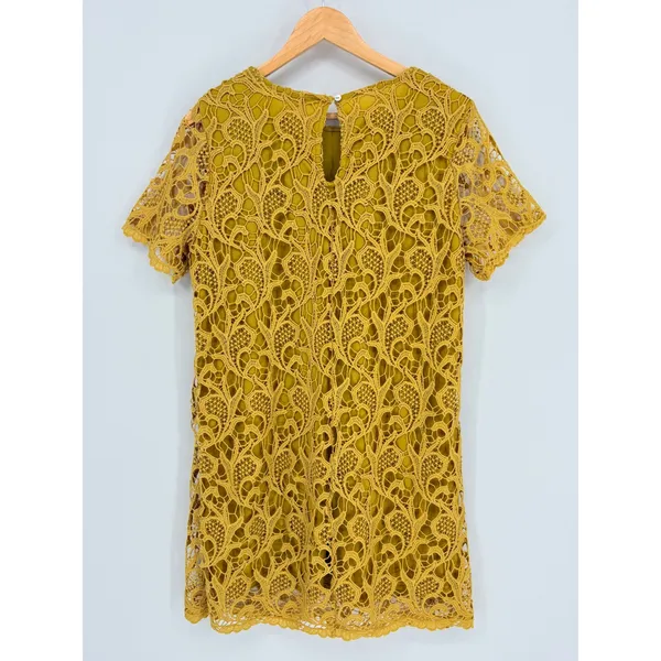 She + Sky‎ Crochet Mini Dress Large Mustard Yellow Floral Lace Shift Boho Retro - Image 5