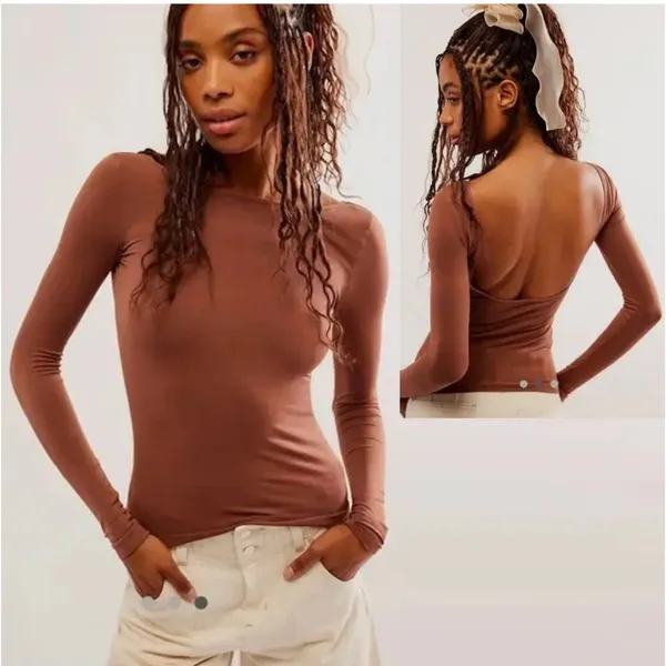 NWOT Free People Low Back Seamless Long Sleeve Top SZ-M/L Chocolate Brown - Image 2