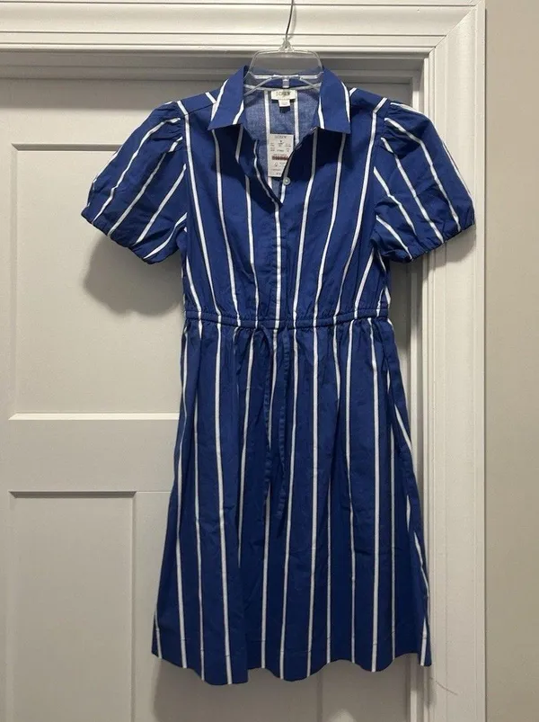New J.Crew Size 00 Collared Short-sleeve Tie-waist Mini Dress Blue White Stripe - Image 2