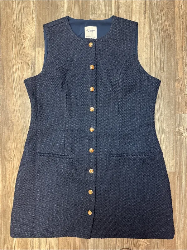 Abercrombie & Fitch Mara Tweed Vest Mini Dress Navy Gold Button XL Like New - Image 2