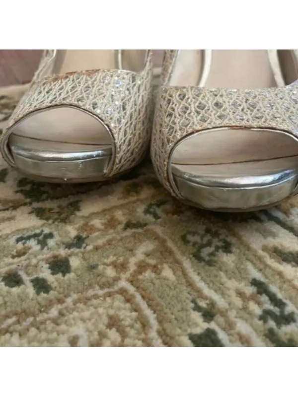 Audrey Brooke Silver Metallic Peep Toe Platform Heel Cocktail Wedding Prom - Image 3