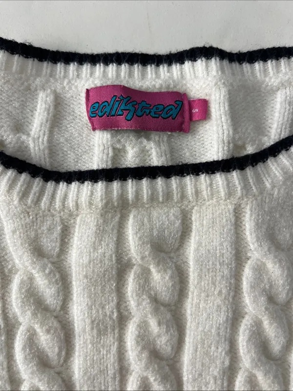EDIKTED Cropped Cable Knit Ivory Stripe Contrast Sweater Preppy Academia Small - Image 5