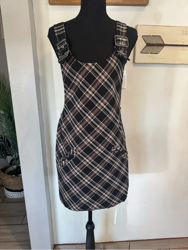 Forever 21 Plaid Pinafore Mini Dress - Black, Cream - Image 3