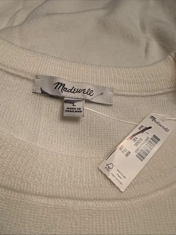 Madewell Merino Wool Pullover Sweater crew neck ivory dark brown trim Size L NWT - Image 4