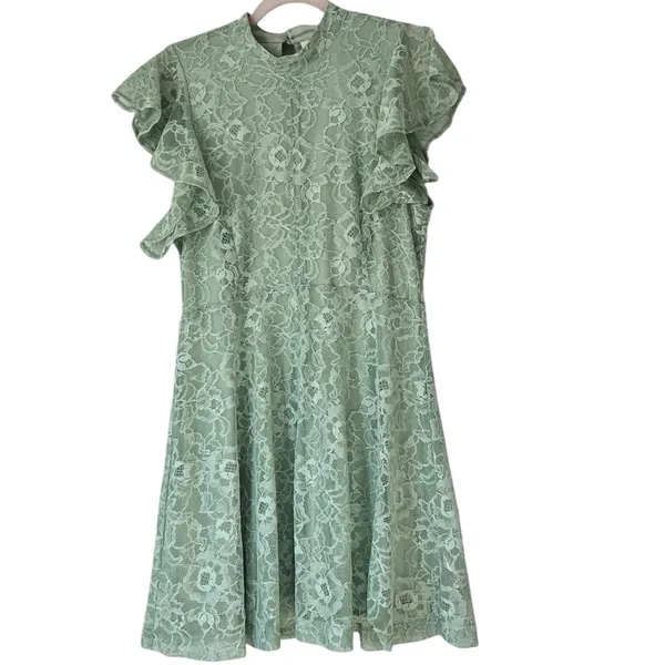 Anthropologie Maeve Green Lace‎ Mini Dress Women’s Large Mock Neck Sleeveless - Image 4